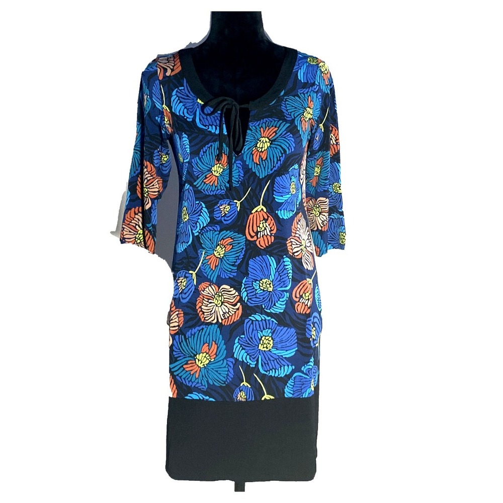 Leota Dress MED Black Teal Blue Lime Floral Keyhole Bow Tie Jersey Knit Pullover